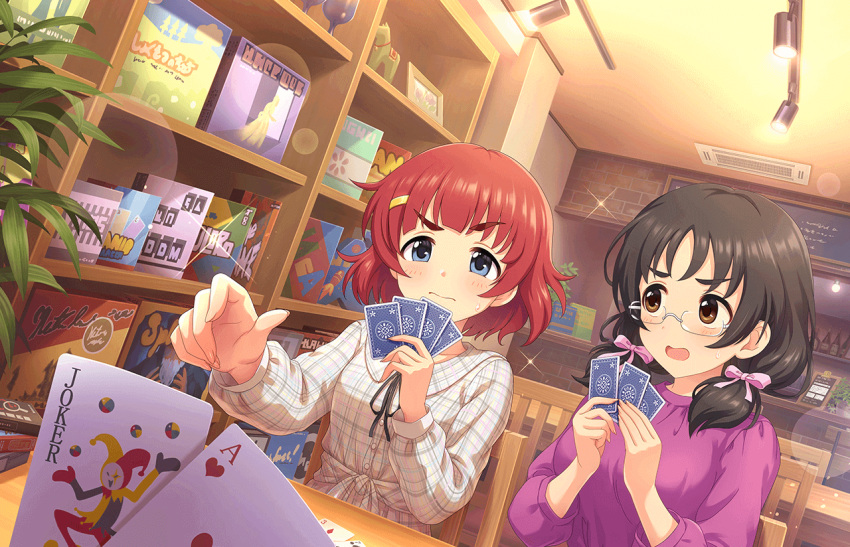 2girls ace_(playing_card) ace_of_hearts anzai_miyako artist_request asano_fuka black_hair black_ribbon blue_eyes blush board_game bow breasts card ceiling ceiling_light glasses hair_bow heart idolmaster idolmaster_cinderella_girls idolmaster_cinderella_girls_starlight_stage indoors joker_(playing_card) large_breasts looking_at_another low_twintails multiple_girls nervous nervous_sweating official_art old_maid open_mouth pink_bow playing_card pov purple_shirt redhead ribbon shelf shirt short_hair sidelocks sitting sparkle sweat sweatdrop table thick_eyebrows twintails v-shaped_eyebrows wavy_mouth