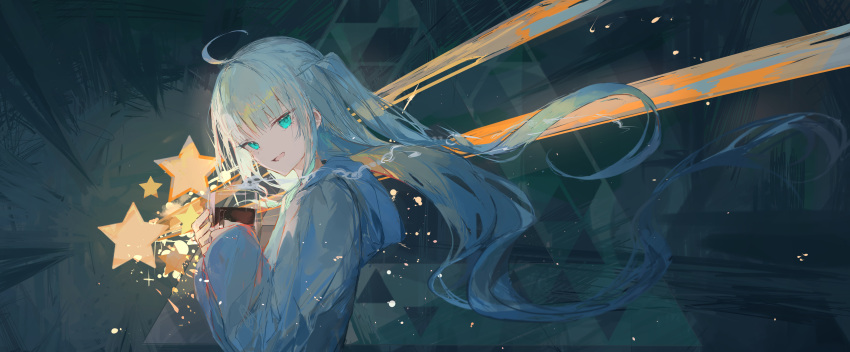 1girl absurdres ahoge aqua_eyes cup falling_star from_side grey_hoodie highres holding holding_cup hood hoodie ichika_(ichika87) light_rays long_hair long_sleeves looking_at_viewer original smile solo star_(symbol) star_trail tagme two_side_up upper_body very_long_hair white_hair