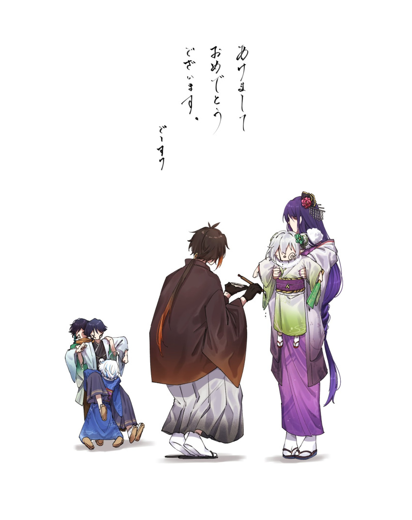 3boys 3girls ahoge alternate_costume braid brown_hair calligraphy_brush commentary_request faceless faceless_female faceless_male full_body furina_(genshin_impact) genshin_impact green_hair grey_hair greyscale hair_ornament hakama height_difference highres holding ink ink_on_face japanese_clothes kimono kneeling long_hair looking_at_another monochrome multicolored_hair multiple_boys multiple_girls nahida_(genshin_impact) paintbrush purple_hair raiden_shogun restrained scaramouche_(genshin_impact) short_hair side_braid simple_background standing striped struggling translation_request two-tone_hair venti_(genshin_impact) vertical_stripes very_long_hair white_background yuka_(pixiv38407039) zhongli_(genshin_impact)
