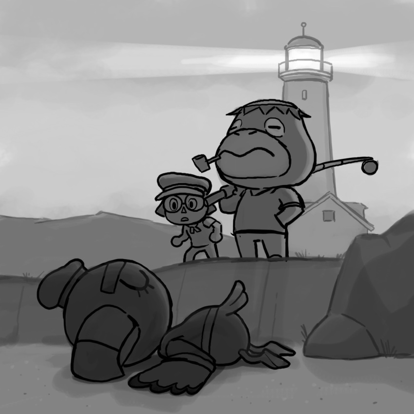 3boys animal_crossing character_request corncob_pipe english_commentary fishing_rod greyscale gulliver_(animal_crossing) hand_on_own_hip hat highres kapp'n_(animal_crossing) kappa lighthouse lying male_focus monochrome multiple_boys on_stomach outdoors parody picture_kris the_lighthouse