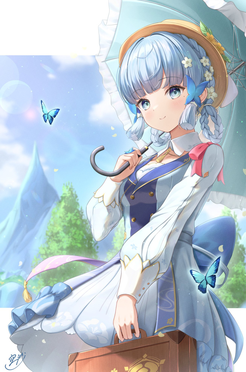 1girl back_bow blue_bow blue_dress blue_eyes blue_hair blunt_bangs bow braid brown_headwear bug butterfly butterfly_hair_ornament closed_mouth collar commentary_request dress flower genshin_impact hair_ornament hair_up hat hat_flower hat_ribbon highres holding holding_umbrella kamisato_ayaka kamisato_ayaka_(springbloom_missive) light_blue_hair light_blush long_sleeves looking_at_viewer mole mole_under_eye mountain official_alternate_costume official_alternate_hairstyle outdoors pink_ribbon ribbon signature smile sola_num_5130 solo tree umbrella white_collar white_ribbon