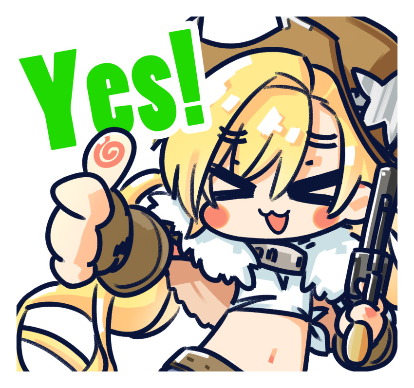 &gt;_&lt; 1girl :3 :d belt blonde_hair blush_stickers brown_gloves chibi chinese_commentary closed_eyes colt_revolver_(girls'_frontline) colt_single_action_army commentary_request cowboy_hat facing_viewer fingerless_gloves fingerprint fur_collar girls_frontline gloves gun hat highres holding holding_gun holding_weapon long_hair navel official_art open_mouth revolver shirt simple_background smile solo su_xiao_jei thumbs_up tied_shirt twintails upper_body weapon white_background white_shirt xd yes
