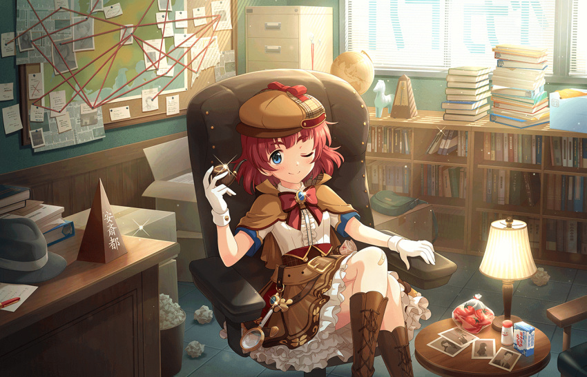1girl anzai_miyako artist_request bag bandaid bandaid_on_knee bandaid_on_leg blue_eyes book book_stack bookshelf boots bow box brooch brown_capelet brown_footwear capelet cardboard_box chair crossed_legs crumpled_paper day deerstalker desk detective file flat_chest frilled_shirt frilled_skirt frills gloves hat holding holding_smoking_pipe idolmaster idolmaster_cinderella_girls idolmaster_cinderella_girls_starlight_stage indoors jewelry lamp looking_at_viewer magnifying_glass messy_room office office_chair official_alternate_costume official_art one_eye_closed paper pen photo_(object) plaid_headwear red_bow redhead shirt short_hair short_sleeves sidelocks skirt smile smoking_pipe solo sparkle sticky_note sunlight swivel_chair thick_eyebrows too_many too_many_books trash trash_can unworn_hat unworn_headwear white_gloves white_shirt