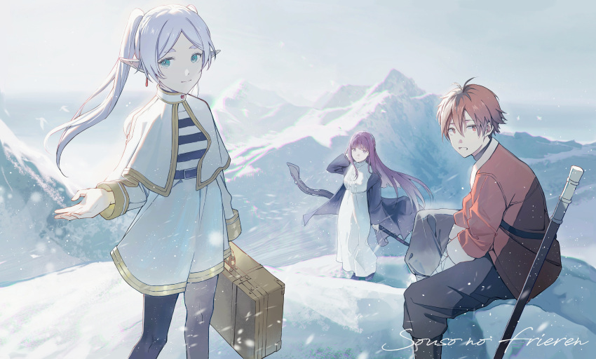 1boy 2girls absurdres briefcase brown_eyes brown_hair capelet dress fern_(sousou_no_frieren) frieren gold_trim green_eyes highres holding holding_briefcase long_sleeves looking_at_viewer mountain multiple_girls purple_hair shirt sky sousou_no_frieren stark_(sousou_no_frieren) striped striped_shirt twintails violet_eyes white_capelet white_dress white_hair white_sky yurun_(yurun_ume)