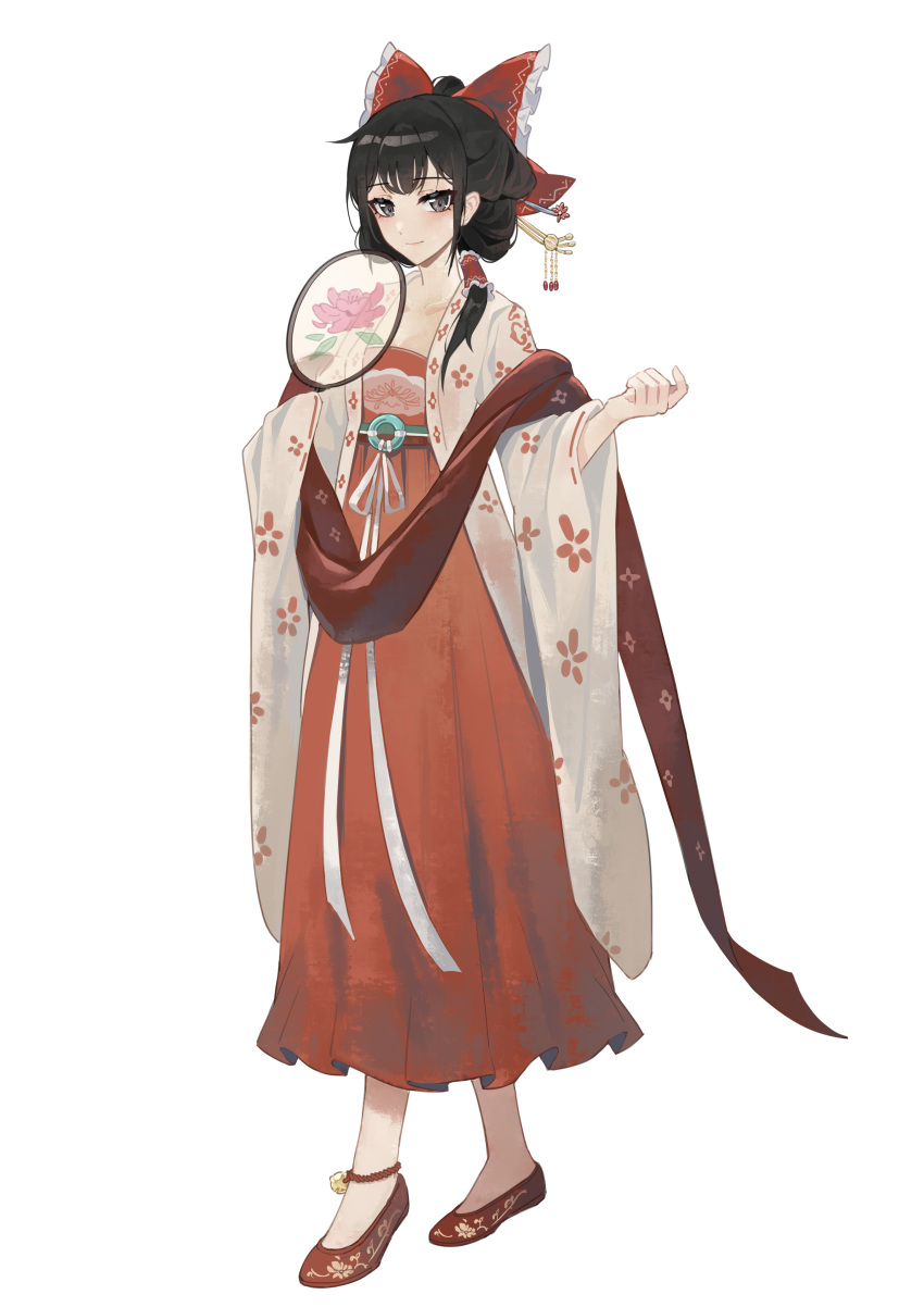 1girl absurdres adapted_costume ailu_elf black_eyes black_hair bow collarbone full_body hair_bow hair_ornament hair_stick hair_tubes hakama hakurei_reimu highres japanese_clothes long_sleeves red_bow red_footwear red_hakama shoes short_hair sidelocks simple_background solo touhou white_background wide_sleeves