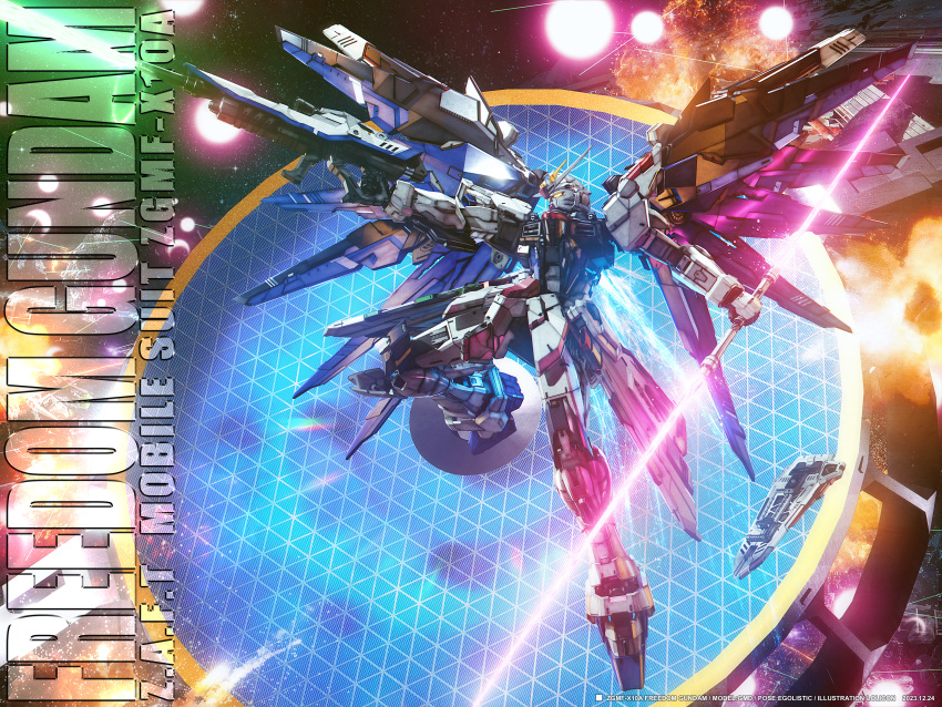 absurdres aiming asteroid beam_rifle beam_saber double-blade dual_wielding energy_gun exhaust explosion flying freedom_gundam full_body genesis_(gundam) glowing glowing_eye gun gundam gundam_seed highres holding holding_gun holding_weapon laser lolicon_(lolicon42051636) looking_ahead mecha mechanical_wings mobile_suit no_humans photoshop_(medium) profile robe robot science_fiction solo space spacecraft star_(sky) v-fin weapon wings yellow_eyes