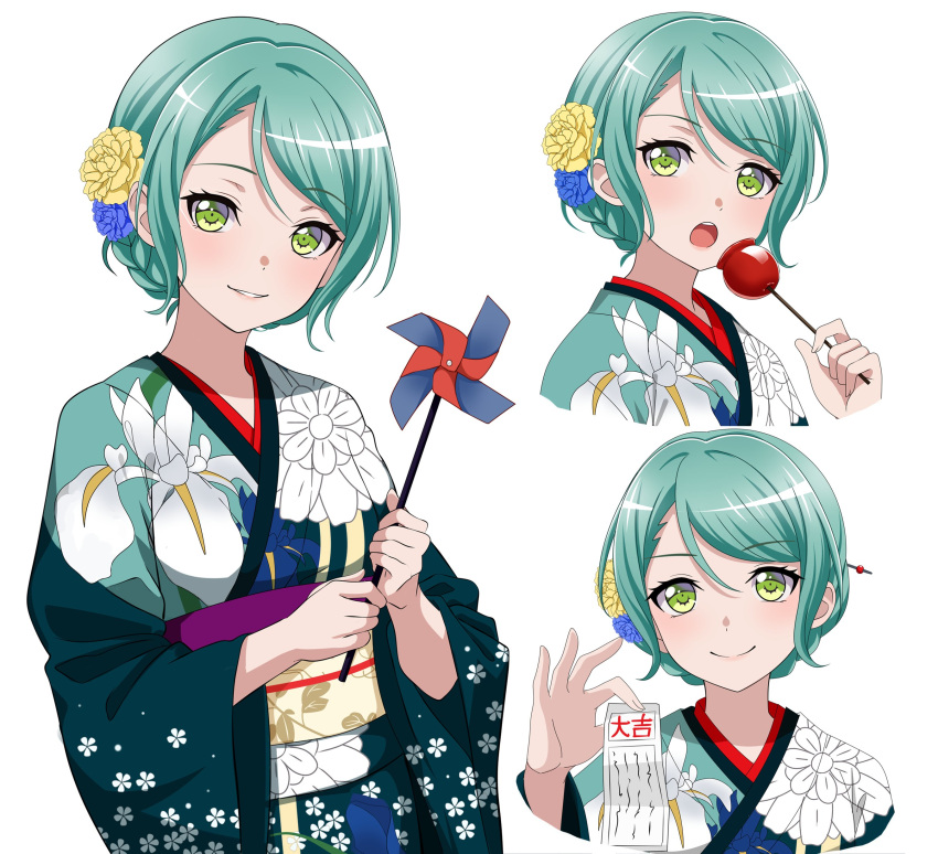1girl absurdres bang_dream! braid candy_apple commentary english_commentary floral_print flower food fries_vanquisher green_eyes green_hair green_kimono hair_flower hair_ornament hair_stick highres hikawa_sayo holding japanese_clothes kimono looking_at_viewer multiple_views new_year obi omikuji open_mouth pinwheel sash simple_background smile white_background