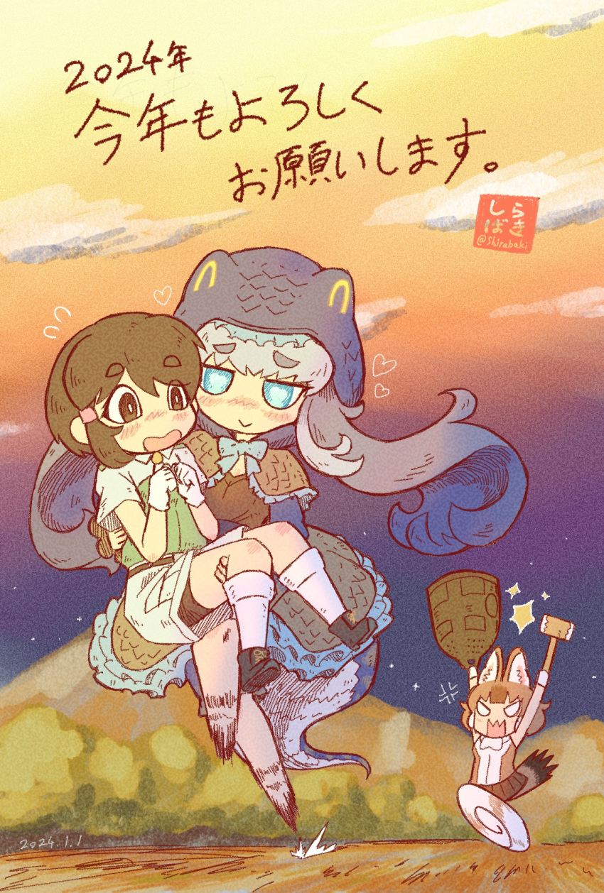 3girls angry animal_ears bike_shorts bike_shorts_under_shorts black_capelet black_dress blue_bow blue_bowtie blue_eyes blue_hair blue_hood blue_shirt blush bow bowtie brown_hair capelet captain_(kemono_friends) carrying dhole_(kemono_friends) dog_ears dog_girl dog_tail dress gloves green_shirt hair_between_eyes heart highres hood hood_up jacket kemono_friends kemono_friends_3 komodo_dragon_(kemono_friends) light_brown_hair long_hair long_sleeves multicolored_hair multiple_girls princess_carry running safari_jacket scales shirabaki shirt short_hair short_sleeves shorts sidelocks t-shirt tail translation_request white_gloves white_hair white_shirt white_shorts yuri