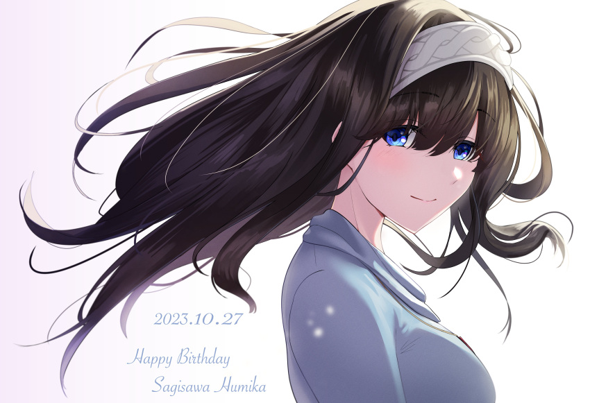 1girl absurdres arisugawa_ya black_hair blue_eyes blue_shirt blush breasts character_name closed_mouth dated dot_nose floating_hair from_side hair_between_eyes hairband happy_birthday highres idolmaster idolmaster_cinderella_girls idolmaster_cinderella_girls_starlight_stage jewelry long_hair looking_at_viewer medium_breasts necklace sagisawa_fumika shirt simple_background smile solo white_background white_hairband