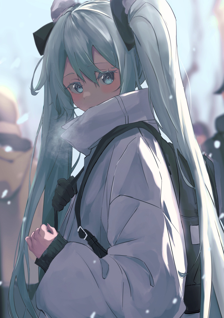 1girl absurdres backpack bag black_gloves black_ribbon blue_eyes blue_hair blurry blush breath coat cold covered_mouth day depth_of_field dot_nose from_side gloves hair_between_eyes hair_ornament hair_ribbon hatsune_miku highres long_hair long_sleeves looking_at_viewer no_renor_en outdoors people pom_pom_(clothes) pom_pom_hair_ornament puffy_long_sleeves puffy_sleeves ribbon sidelocks single_glove snowing solo_focus twintails upper_body very_long_hair vocaloid white_coat winter winter_clothes winter_coat