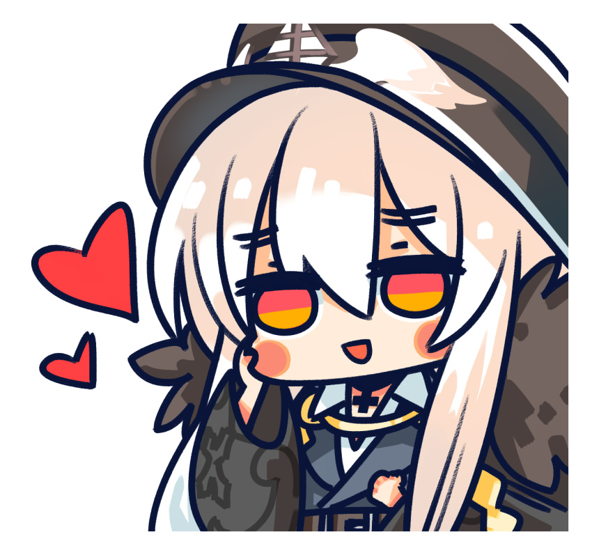 1girl :d aiguillette black_headwear black_jacket blush_stickers chibi chinese_commentary choker coat commentary_request cross fur-trimmed_coat fur_trim girls_frontline hair_between_eyes hand_on_own_cheek hand_on_own_face hat heart highres iron_cross jacket kar98k_(girls'_frontline) long_hair long_sleeves official_art orange_eyes peaked_cap red_eyes simple_background smile solo su_xiao_jei two-tone_eyes upper_body white_background white_hair
