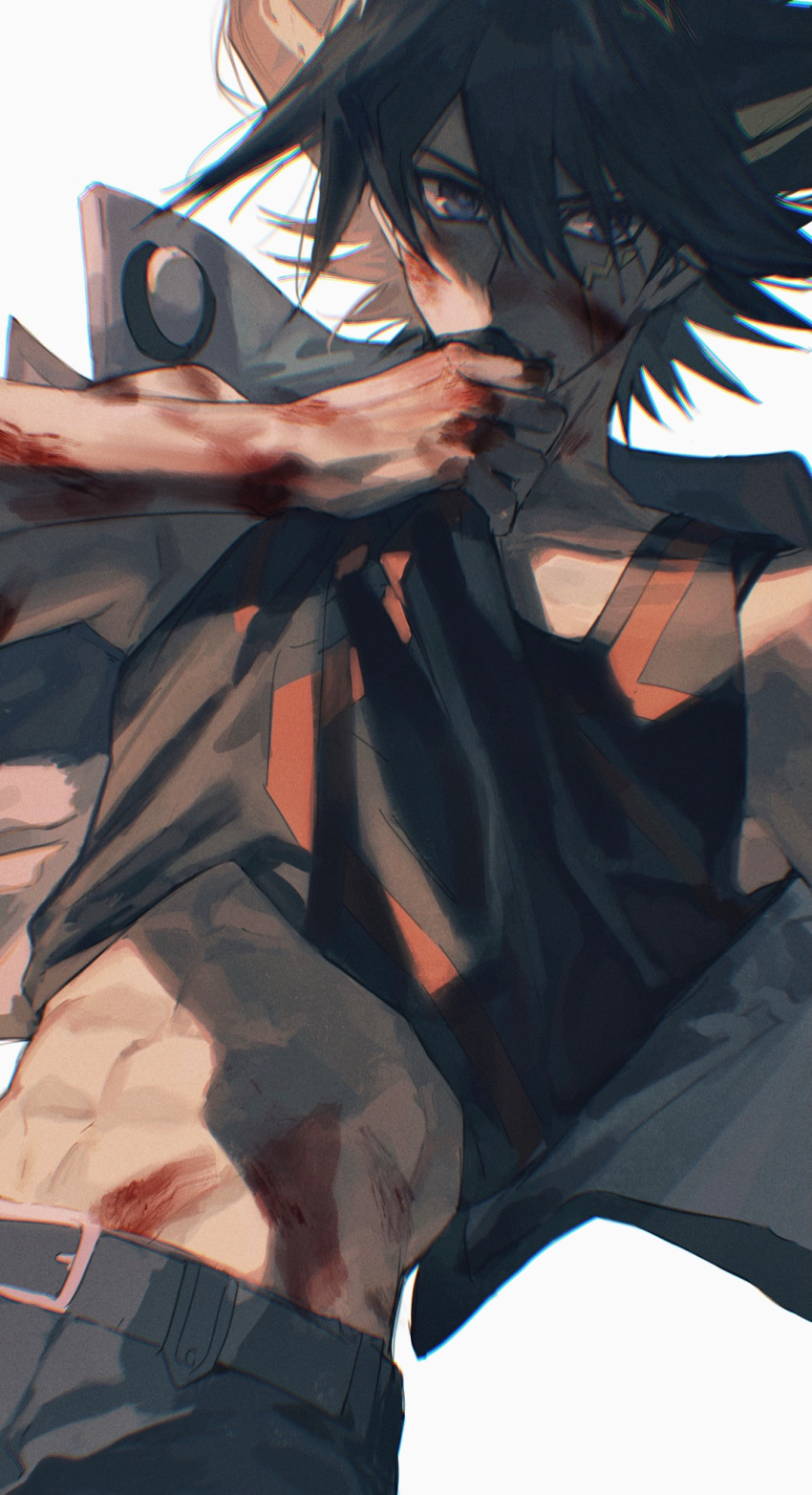 1boy abs belt black_belt black_hair black_pants black_tank_top blood blood_on_face blood_on_hands blue_eyes clothes_lift facial_mark facial_tattoo fudou_yuusei hand_up high_collar highres jacket male_focus midriff_peek multicolored_hair naoki_(2rzmcaizerails6) open_clothes open_jacket pants serious short_hair simple_background solo spiky_hair streaked_hair tank_top tattoo unworn_jacket upper_body white_background yu-gi-oh! yu-gi-oh!_5d's