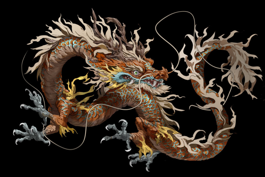 animal_focus antlers black_background claws commentary dragon eastern_dragon fangs from_side full_body green_eyes highres horns looking_at_viewer mane no_humans original scales sharp_teeth simple_background solo symbol-only_commentary tail teeth whiskers wide-eyed xiaopizi32439