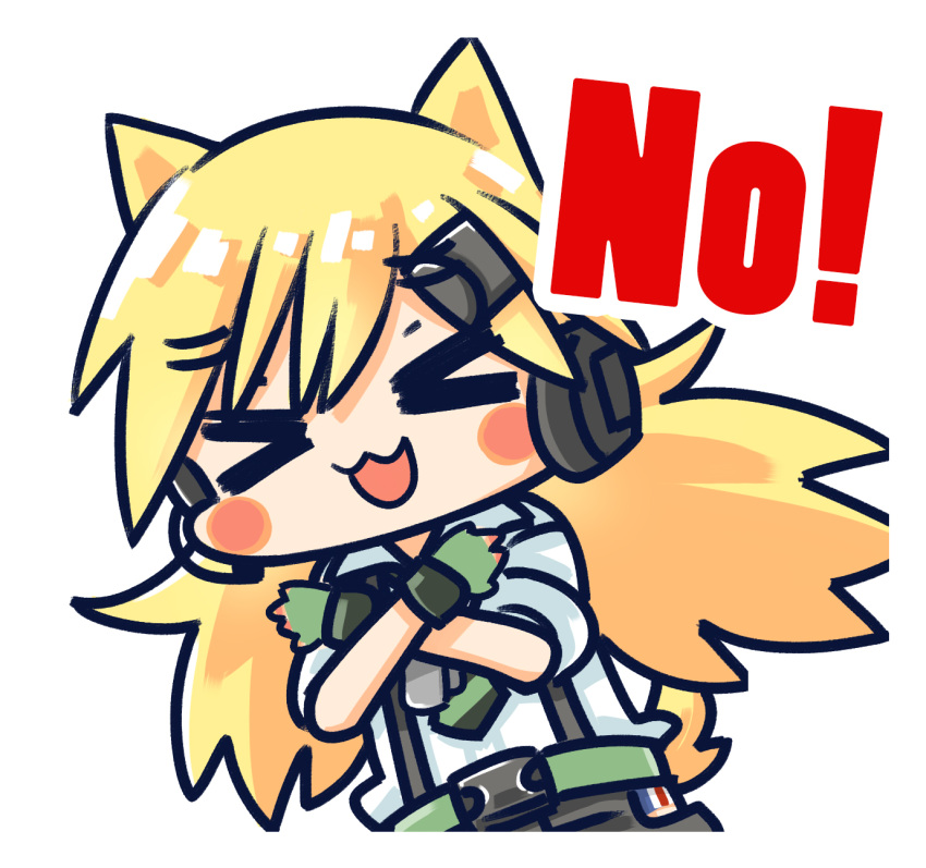 &gt;_&lt; 1girl :d animal_ears belt black_shorts blonde_hair blush_stickers cat_ears cat_tail chibi chinese_commentary commentary_request crossed_arms diagonal-striped_necktie facing_viewer fingerless_gloves girls_frontline gloves green_belt green_gloves green_necktie hair_between_eyes hair_ornament hairclip headset highres idw_(girls'_frontline) long_hair necktie no no_(gesture) official_art open_mouth shirt shorts simple_background sleeves_rolled_up smile snap-fit_buckle solo su_xiao_jei suspender_shorts suspenders tail twintails upper_body white_background white_shirt xd