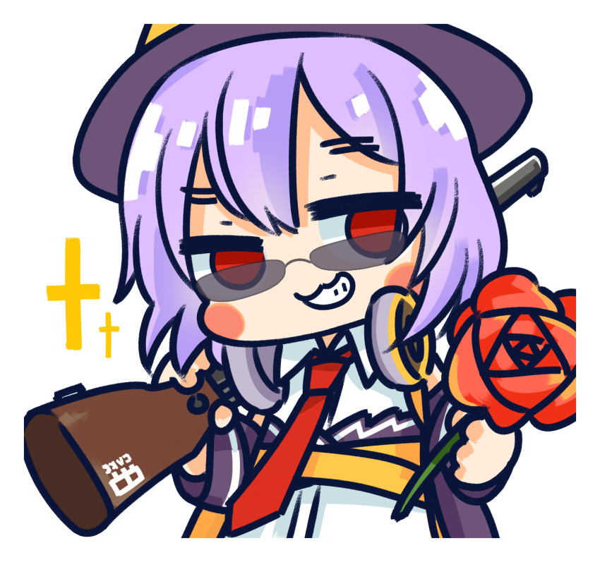1girl blush_stickers chibi chinese_commentary commentary_request flower girls_frontline grin gun hair_between_eyes hat headphones headphones_around_neck highres holding holding_flower jacket looking_at_viewer necktie official_art over_shoulder purple_hair red_eyes red_necktie rose shirt short_hair simple_background smile solo sparkle su_xiao_jei submachine_gun sunglasses thompson_(girls'_frontline) thompson_submachine_gun upper_body weapon weapon_over_shoulder white_background white_shirt