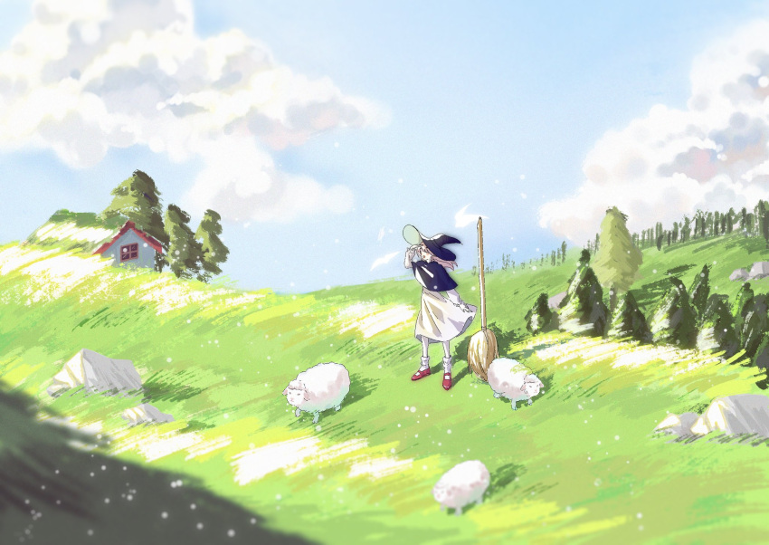 1girl ankle_socks black_capelet black_headwear blue_sky blush_stickers broom capelet censored chinese_commentary clouds commentary_request day dress field frilled_sleeves frills full_body hair_lift hand_on_own_head hat highres house landscape long_hair long_sleeves mary_janes medium_dress mosaic_censoring no_eyes open_mouth orange_hair original outdoors red_footwear shadow sheep shoes sky smile socks solo suancai_mie tree white_dress white_sleeves white_socks wind wind_lift witch witch_hat