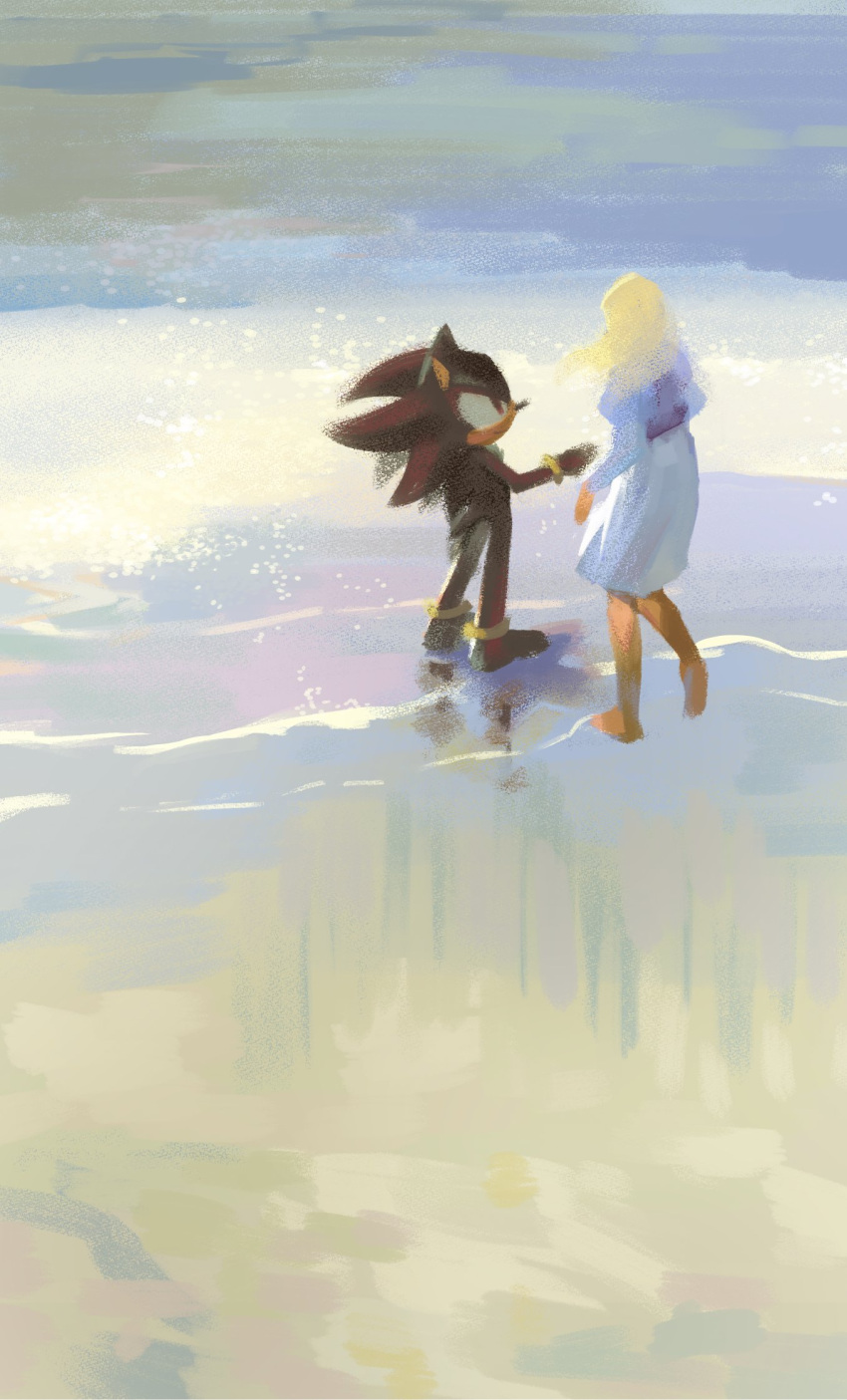 1boy 1girl animal_ears animal_nose back barefoot beach black_fur blonde_hair blue_dress blue_shirt body_fur bracelet closed_mouth commentary day dress full_body furry furry_male gold_bracelet hand_up hedgehog hedgehog_ears hedgehog_tail highres hyeon_sonic jewelry layered_sleeves long_hair long_sleeves looking_at_another maria_robotnik ocean outdoors puffy_short_sleeves puffy_sleeves red_eyes red_fur sand shadow_the_hedgehog shirt short_over_long_sleeves short_sleeves smile sonic_(series) standing symbol-only_commentary tail two-tone_fur water
