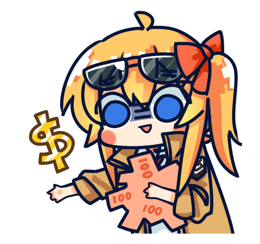 1girl ahoge blue_eyes blush_stickers brown_jacket chibi chinese_commentary commentary_request dollar_sign eyewear_on_head girls_frontline hair_between_eyes hair_ribbon highres holding holding_money jacket kalina_(girls'_frontline) long_hair long_sleeves money official_art open_mouth orange_hair outstretched_arm red_ribbon ribbon shaded_face shirt side_ponytail simple_background smile solo su_xiao_jei sunglasses upper_body white_background white_shirt