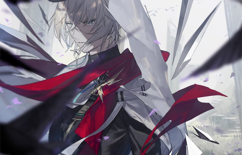 1boy arknights black_shirt broken_glass brooch building coat commentary_request ebira executor_(arknights) executor_the_ex_foedere_(arknights) frown glass grey_background grey_eyes grey_hair highres jewelry looking_at_viewer male_focus outdoors parted_lips red_scarf scarf shirt short_hair solo upper_body white_coat wings