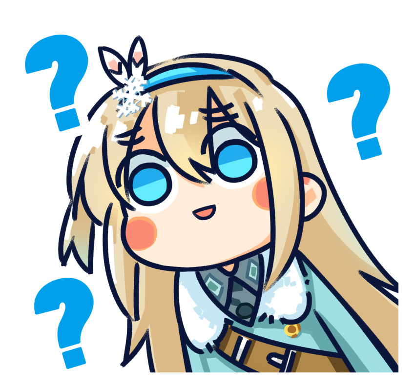 1girl :d ? blonde_hair blue_eyes blue_hairband blue_jacket blush_stickers chibi chinese_commentary commentary_request girls_frontline hair_between_eyes hair_ornament hairband highres jacket long_hair long_sleeves looking_at_viewer official_art open_mouth simple_background smile snowflake_hair_ornament solo su_xiao_jei suomi_(girls'_frontline) upper_body white_background