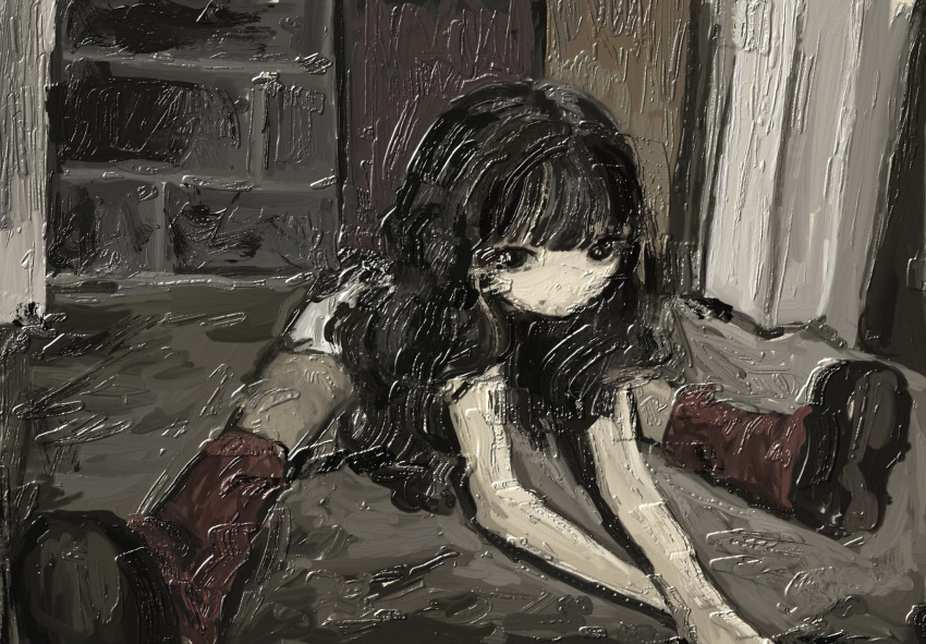 1girl arm_support black_eyes black_footwear black_hair faux_traditional_media felurya full_body highres impasto indoors leaning_forward leg_warmers long_hair looking_at_viewer muted_color no_mouth original red_leg_warmers solo spread_legs