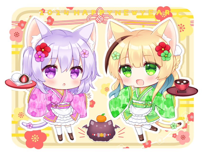 2024 2girls :d :o animal_ear_fluff animal_ears blonde_hair blue_hair blush boots bowl brown_footwear brown_hair cat_ears cat_girl cat_tail chibi chopsticks commentary_request cross-laced_footwear daifuku floral_print flower food green_eyes green_flower green_kimono hair_between_eyes hair_flower hair_ornament happy_new_year highres holding holding_tray ichigo_daifuku japanese_clothes kimono lace-up_boots long_sleeves mochi multicolored_hair multiple_girls nengajou new_year obi original parted_lips print_kimono purple_flower purple_hair purple_kimono red_flower sash shikito sleeves_past_wrists smile standing standing_on_one_leg streaked_hair tail tail_flower tail_ornament thigh-highs thighhighs_under_boots tray two-tone_hair two_side_up violet_eyes wagashi white_thighhighs wide_sleeves yagasuri