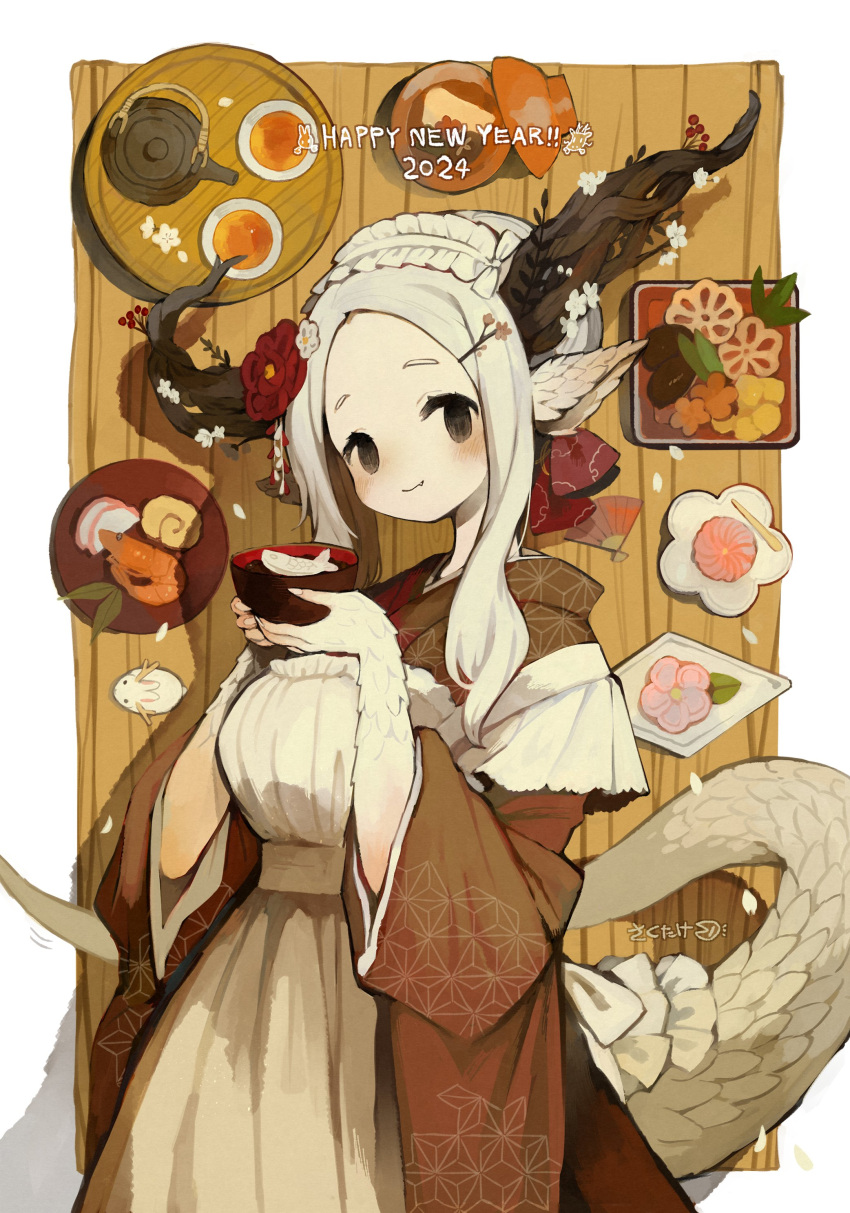 1girl 2024 absurdres apron black_eyes blush bowl chinese_zodiac commentary_request dragon_girl dragon_horns dragon_tail flower food frilled_hairband frills grey_hair hair_flower hair_ornament hairband hairclip happy_new_year highres holding holding_bowl horns japanese_clothes kimono long_hair looking_at_viewer original pointy_ears sakutake_(ue3sayu) scales shrimp smile solo tail upper_body year_of_the_dragon
