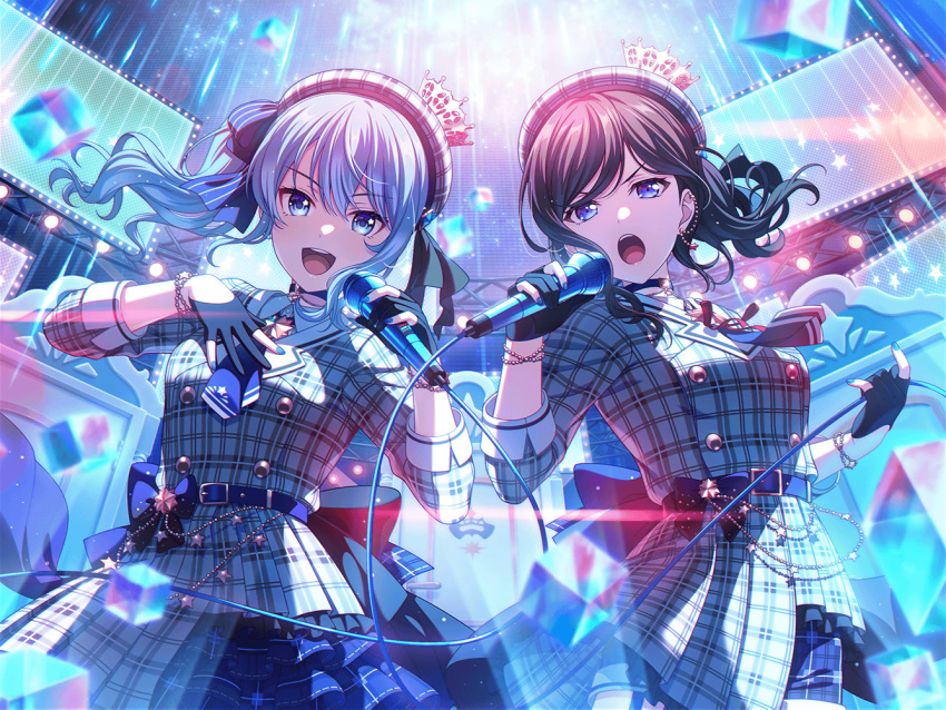 2girls back_bow bang_dream! belt belt_chain beret blue_nails bow bracelet choker crown earrings gloves hair_ribbon hat hololive hoshimachi_suisei jewelry layered_skirt looking_at_viewer matching_outfits microphone monitor multiple_girls music nail_polish official_art open_mouth partially_fingerless_gloves plaid ponytail ribbon serious side_ponytail singing skirt smile stage star_(symbol) third-party_source wakana_rei