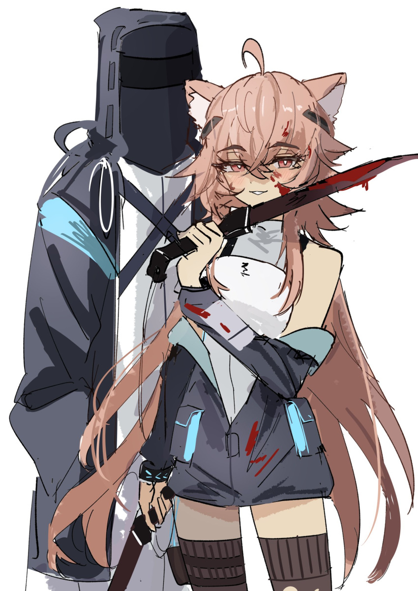 1girl 1other ahoge ambiguous_gender animal_ear_fluff animal_ears arknights bare_shoulders black_bracelet black_coat black_hood black_jacket blood blood_in_hair blood_on_clothes blood_on_face blood_on_weapon bracelet breasts bright_pupils brown_thighhighs chest_strap coat commentary_request cowboy_shot criss-cross_straps crossed_bangs dagger doctor_(arknights) dual_wielding eyelashes facing_viewer gravel_(arknights) grin hair_between_eyes hair_ornament hand_up hands_in_pockets height_difference highres holding holding_dagger holding_knife holding_weapon hood hood_up hooded_coat infection_monitor_(arknights) jacket jewelry knife long_hair long_shirt long_sleeves looking_at_viewer medium_breasts multiple_weapons open_clothes open_coat parted_lips pink_hair pocket prairie_dog_girl red_eyes shaded_face shadow shino_duka shirt simple_background sleeveless sleeveless_shirt smile standing straight_hair teeth thigh-highs unworn_jacket very_long_hair weapon white_background white_pupils white_shirt