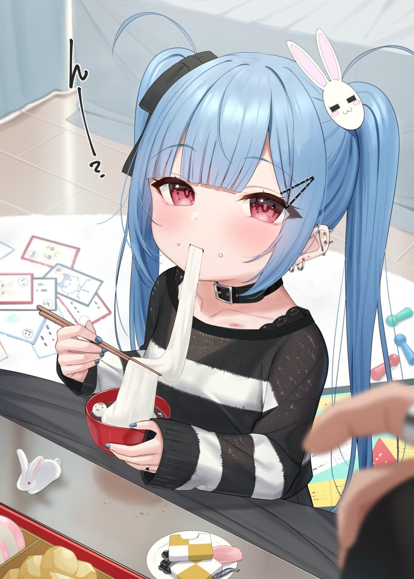 1girl 1other black_bow blue_hair blue_nails blush bow bowl checkerboard_cookie chopsticks closed_mouth commentary_request cookie eating food food_on_face hair_bow hair_ornament hairclip highres holding holding_bowl holding_chopsticks indoors jewelry kotatsu long_hair long_sleeves mochi mochi_trail nail_polish original rabbit_hair_ornament red_eyes ring shirt sleeves_past_wrists solo_focus striped striped_shirt table tsukiman twintails very_long_hair wooden_floor