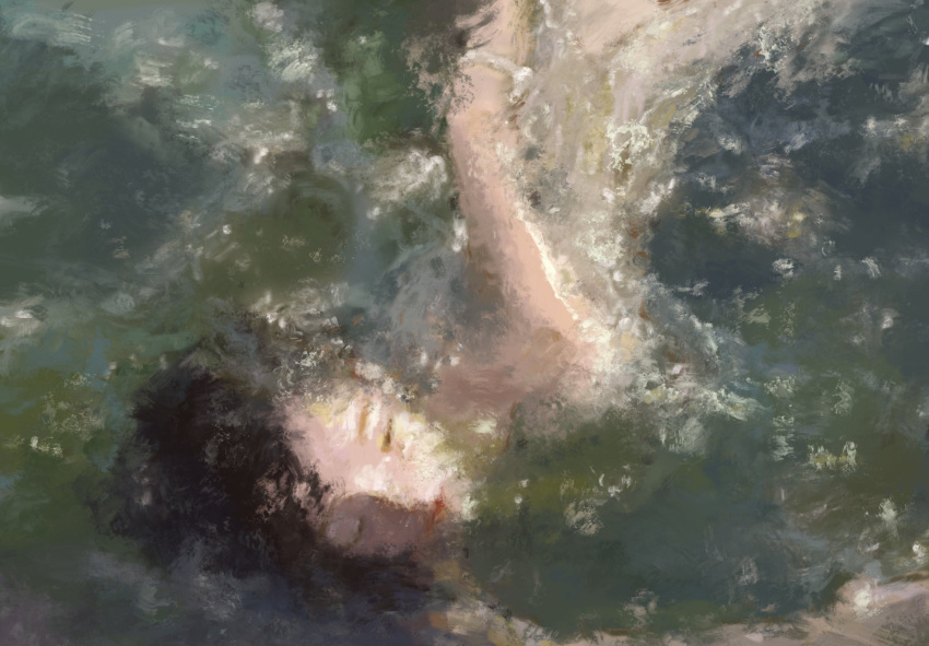 1girl blurry faux_traditional_media felurya highres impressionism original painterly solo swimming underwater