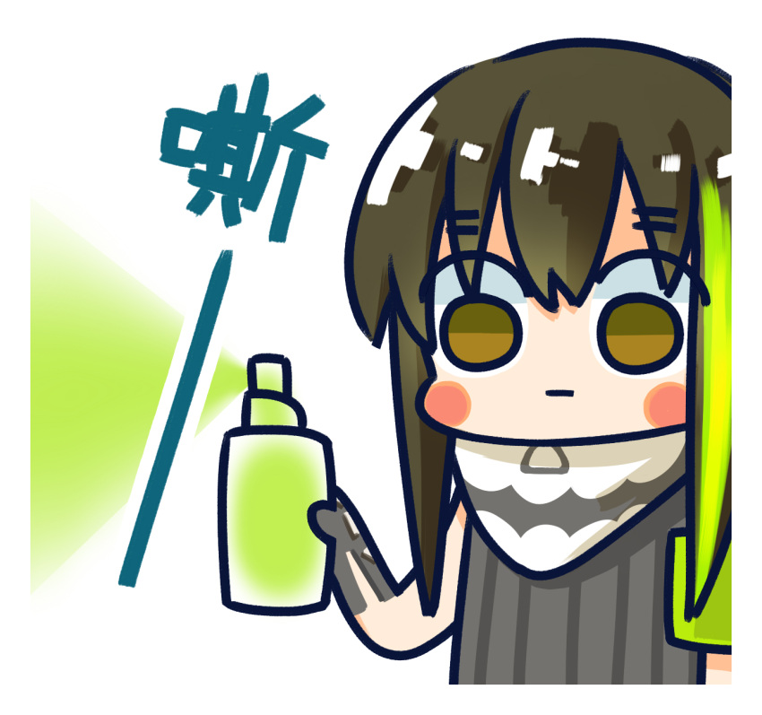 1girl :| black_gloves black_shirt blush_stickers brown_eyes brown_hair chibi chinese_commentary closed_mouth commentary_request empty_eyes expressionless girls_frontline gloves green_hair hair_between_eyes highres holding long_hair m4a1_(girls'_frontline) mask multicolored_hair official_art shirt simple_background skull_mask sleeveless sleeveless_shirt solo spray_can spraying streaked_hair su_xiao_jei translation_request upper_body white_background