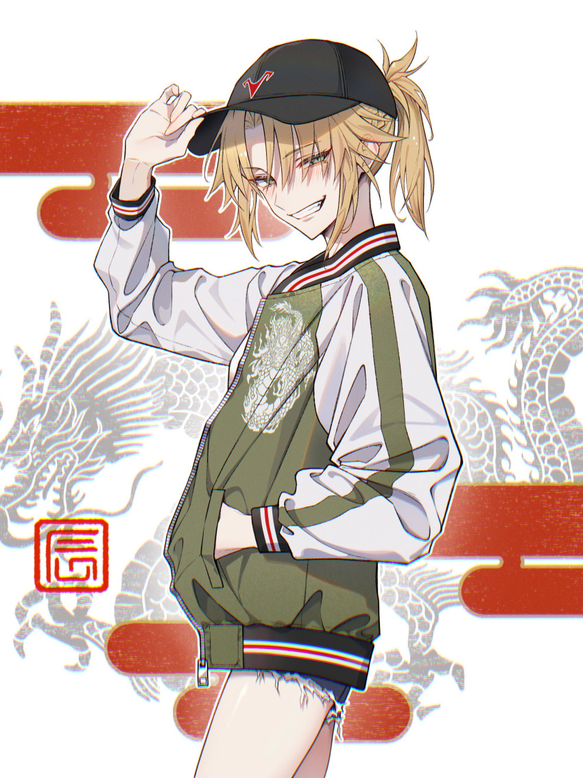 1girl absurdres bambi-25 baseball_cap blonde_hair commentary_request cowboy_shot denim denim_shorts dragon dragon_print eastern_dragon fate/apocrypha fate/grand_order fate_(series) green_eyes grin hand_in_pocket hat highres jacket looking_at_viewer mordred_(fate) ponytail short_hair short_shorts shorts smile solo teeth
