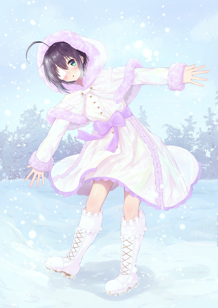1girl ahoge alternate_costume black_hair blush boots bow breath capelet center_frills chuunibyou_demo_koi_ga_shitai! coat commentary cross-laced_footwear day eyelashes eyepatch frilled_coat frills full_body fur-trimmed_capelet fur-trimmed_coat fur-trimmed_hood fur_trim green_eyes hair_between_eyes highres hood hood_up looking_at_viewer one_eye_covered open_hands open_mouth outdoors outstretched_arms purple_bow shikkoku_no_hono_mikado short_hair sleeves_past_wrists snow snowing solo standing takanashi_rikka tareme white_capelet white_coat white_footwear winter