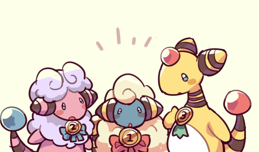 ampharos animal_focus black_stripes blue_eyes blue_ribbon blue_skin blush_stickers colored_skin flaaffy fluffy forehead_jewel loveycloud mareep medal no_humans notice_lines open_mouth pink_skin pokemon pokemon_(creature) pokemon_gsc ranking red_ribbon ribbon simple_background yellow_background yellow_skin