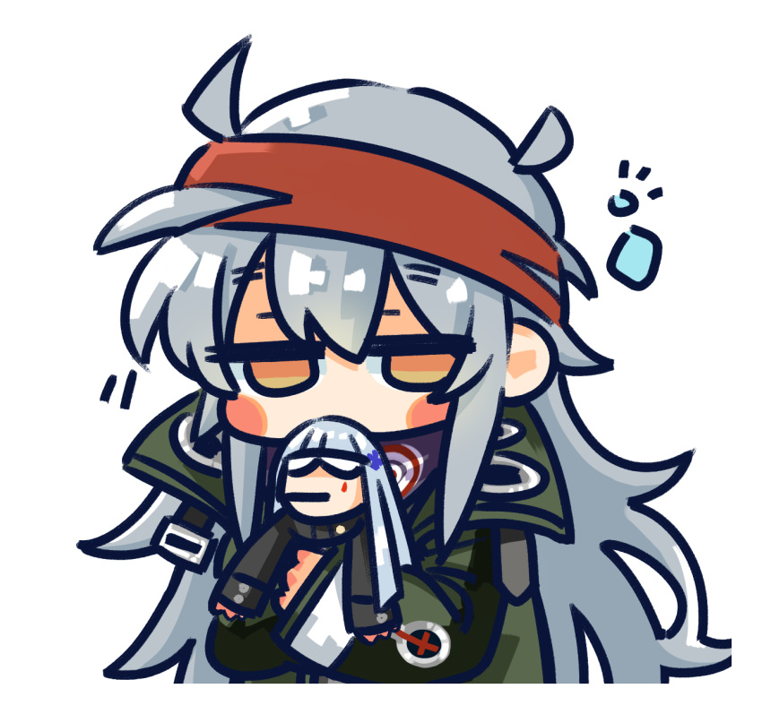 2girls black_jacket blank_eyes blunt_bangs blush_stickers carrying carrying_person chibi chinese_commentary closed_mouth coat commentary_request cross_hair_ornament g11_(girls'_frontline) girls_frontline green_coat hair_between_eyes hair_ornament half-closed_eyes headband highres hk416_(girls'_frontline) jacket long_hair long_sleeves mini_person minigirl multiple_girls official_art open_clothes open_coat red_headband simple_background su_xiao_jei teardrop_facial_mark upper_body very_long_hair white_background yellow_eyes