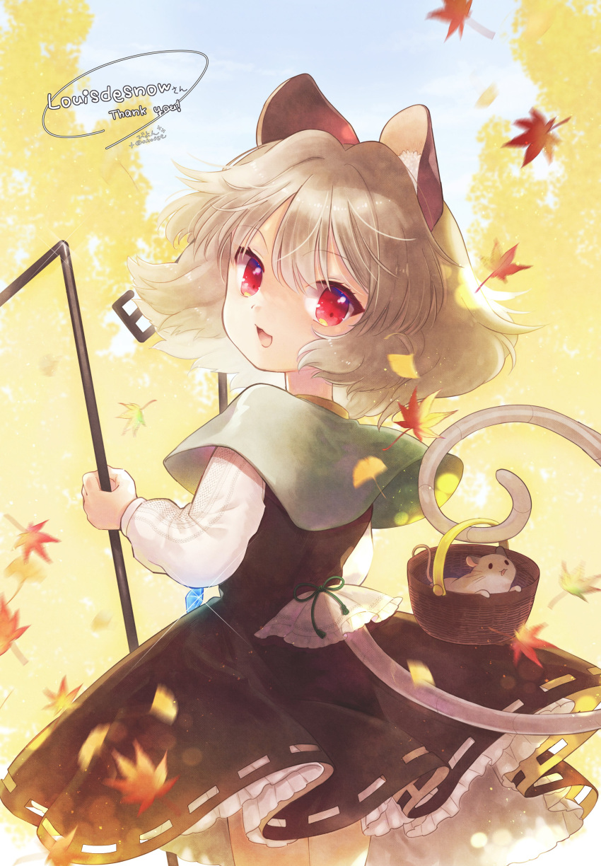 1girl absurdres animal animal_ears biyon black_dress capelet commission cowboy_shot dowsing_rod dress grey_capelet grey_hair hair_between_eyes highres jewelry leaf long_sleeves maple_leaf mouse mouse_ears mouse_tail nazrin open_mouth pendant red_eyes short_hair skeb_commission solo tail touhou