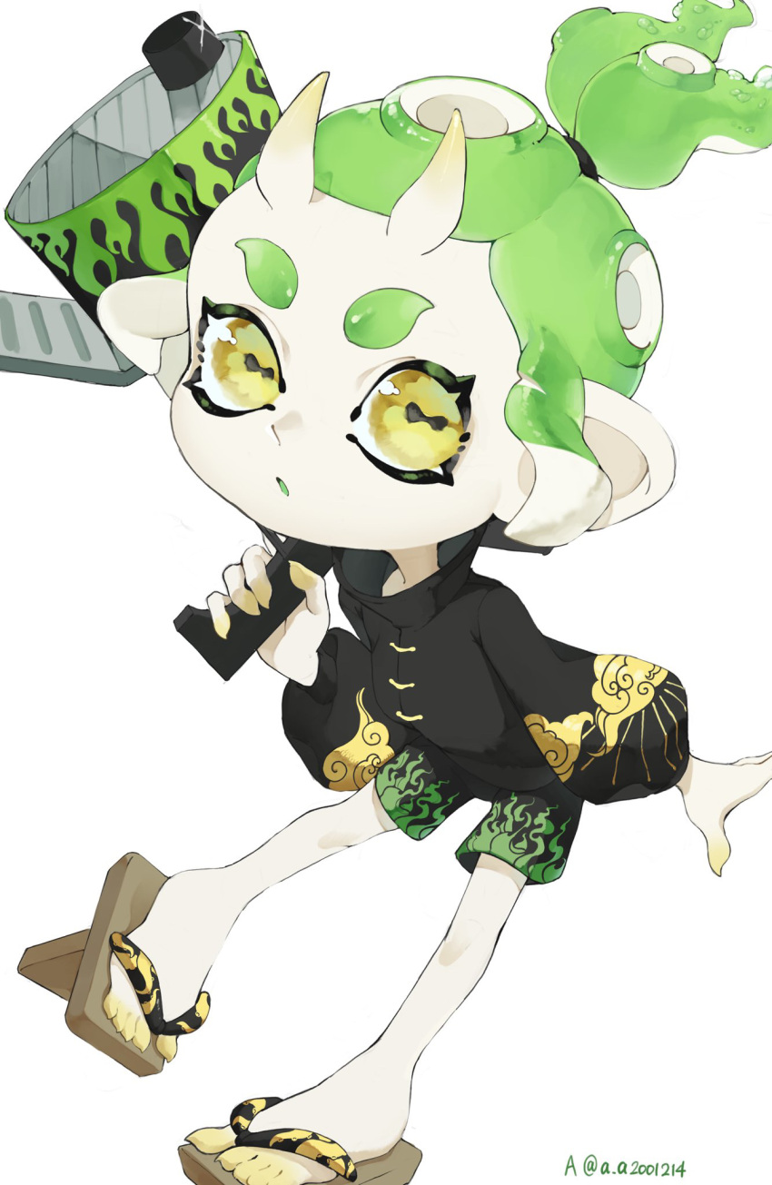 1girl a_a2001214 artist_name black_coat black_shorts blaster_(splatoon) cephalopod_eyes coat commentary_request full_body green_hair gun highres holding holding_gun holding_weapon horns looking_at_viewer octoling octoling_girl okobo open_mouth parted_lips ponytail print_coat print_shorts sandals short_hair shorts simple_background skin-covered_horns solo splatoon_(series) tentacle_hair thick_eyebrows toes twitter_username weapon white_background yellow_eyes