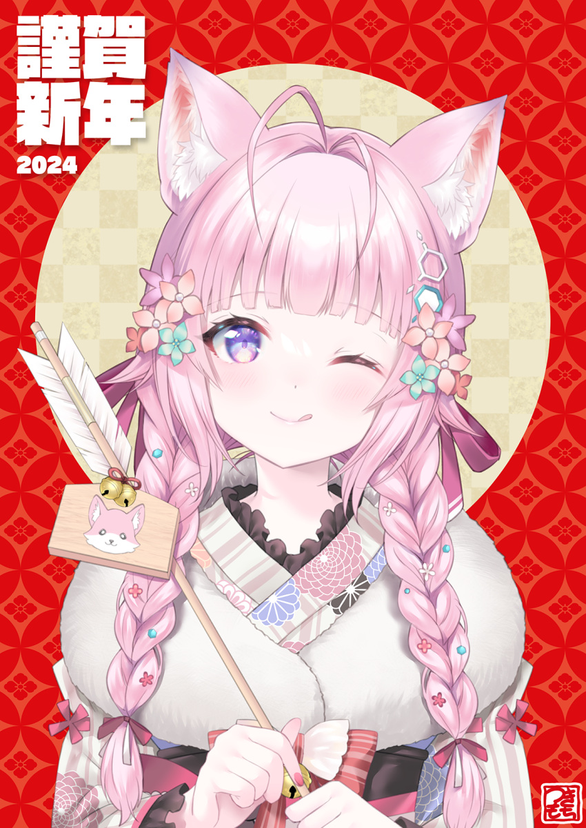 1girl 2024 ;q animal_ear_fluff animal_ears antenna_hair arrow_(projectile) bell blue_flower blush braid checkered_background commentary_request ema floral_print flower fur_collar hair_flower hair_intakes hair_ornament hakui_koyori hakui_koyori_(new_year) hamaya highres holding holding_arrow hololive japanese_clothes jingle_bell kimono long_hair long_sleeves looking_at_viewer low_twintails nengajou new_year official_alternate_costume one_eye_closed pink_hair print_kimono purple_flower red_background solo tongue tongue_out tsukimochikuriko_(tsukimochi_k) twin_braids twintails upper_body violet_eyes virtual_youtuber white_kimono wide_sleeves