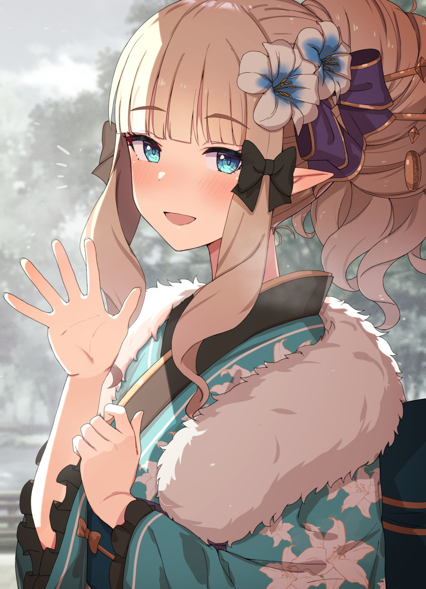1girl absurdres blonde_hair blue_eyes blush breasts elf highres japanese_clothes kimono long_hair long_sleeves looking_at_viewer open_mouth pointy_ears princess_connect! saren_(princess_connect!) sixteenpo smile solo