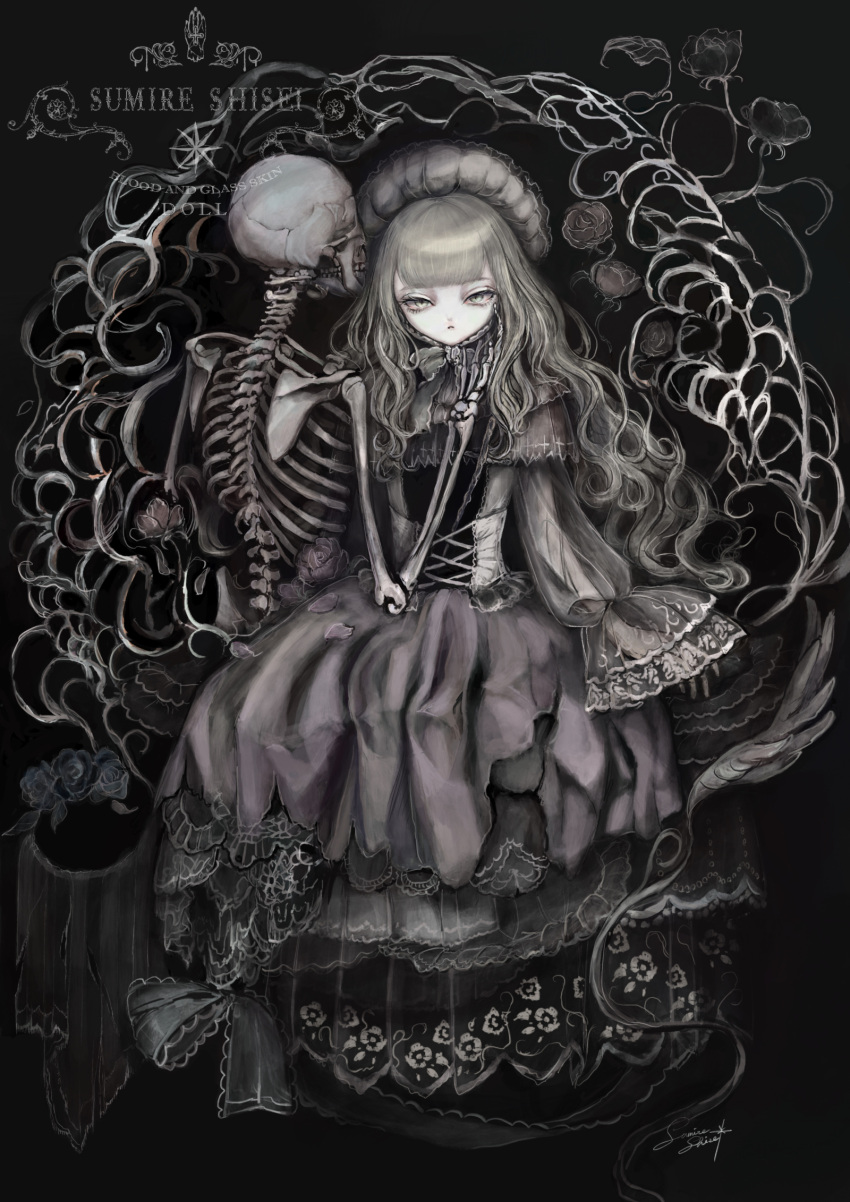 1girl artist_name black_background black_dress doll doll_joints dress english_text gothic gothic_lolita greyscale highres joints lolita_fashion long_hair looking_at_viewer monochrome original signature sitting skeleton sumireshisei very_long_hair watermark