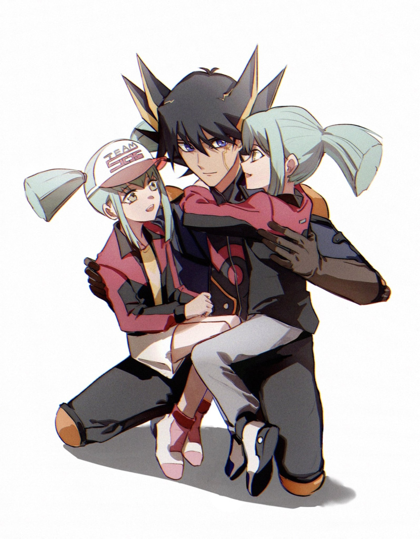 1girl 2boys alternate_costume arms_around_neck black_hair black_pants blue_eyes blue_jacket brown_gloves collared_jacket commentary elbow_gloves facial_mark facial_tattoo fudou_yuusei gloves green_eyes green_hair grey_pants hand_on_another's_back hand_on_another's_shoulder hands_on_lap happy hat high_collar highres hug jacket knee_pads kneeling light_smile male_focus multicolored_hair multiple_boys naoki_(2rzmcaizerails6) on_lap open_clothes open_jacket open_mouth pants pink_footwear red_headwear red_jacket shadow shirt shoes short_hair short_twintails shorts shoulder_pads siblings simple_background sitting sitting_on_lap sitting_on_person smile spiky_hair streaked_hair tattoo twins twintails white_background white_footwear white_shorts yellow_shirt yu-gi-oh! yu-gi-oh!_5d's
