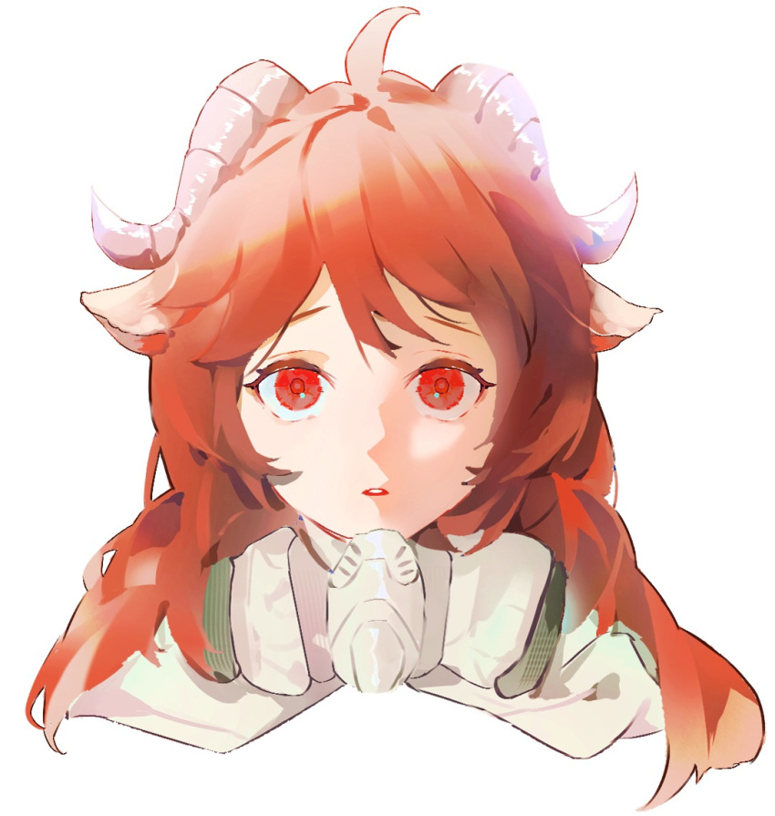1girl animal_ears arknights cape chinese_commentary commentary_request cowlick cropped_head eoo_eewei eyjafjalla_(arknights) goat_ears goat_girl goat_horns horns long_hair looking_at_viewer parted_lips portrait red_eyes redhead simple_background solo straight-on white_background white_cape