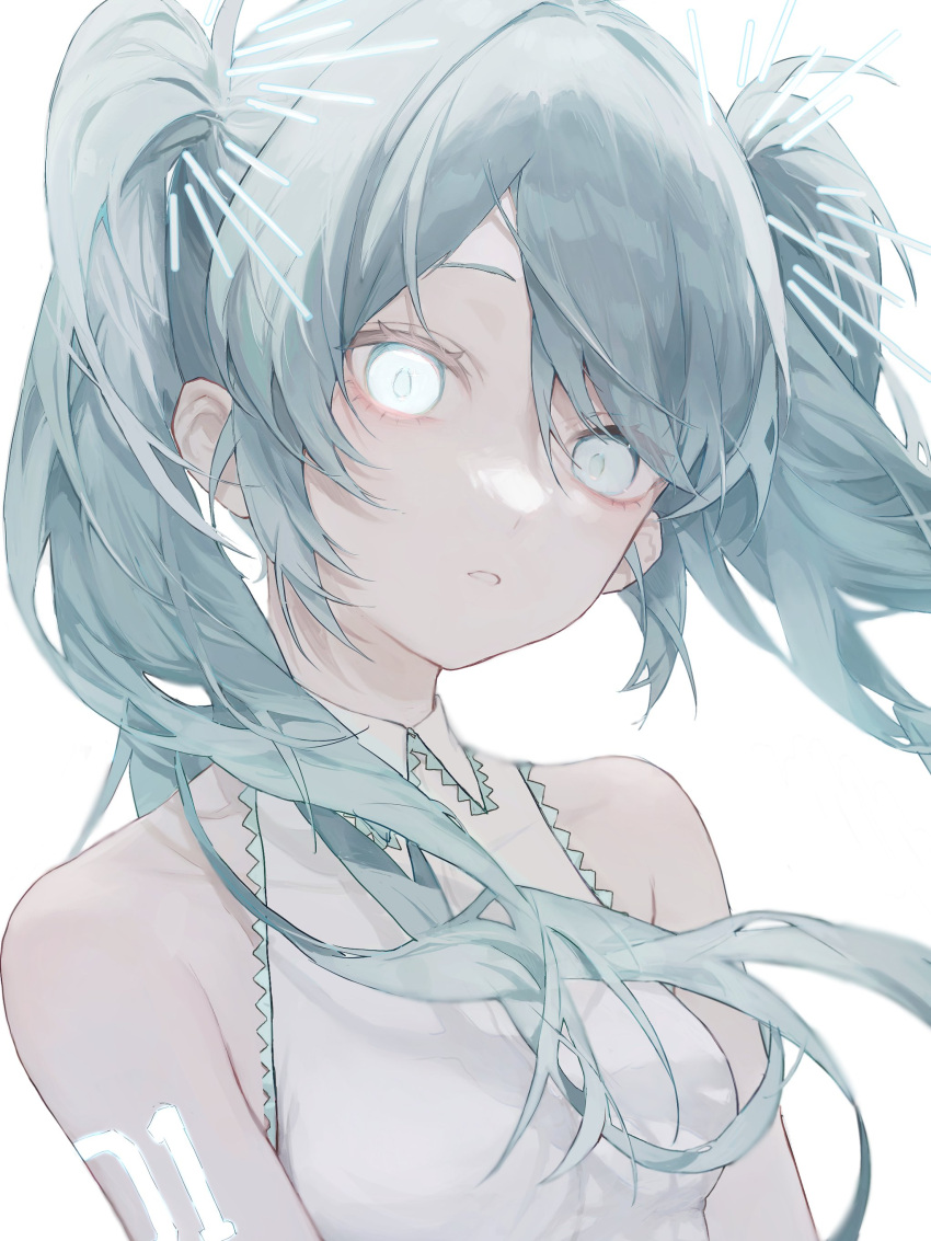 1girl absurdres aqua_hair bare_shoulders breasts collared_shirt commentary_request expressionless floating_hair hatsune_miku highres long_hair looking_at_viewer parted_lips shirt simple_background sleeveless sleeveless_shirt small_breasts solo tsukio_(o_tukio) twintails upper_body vocaloid white_background white_eyes