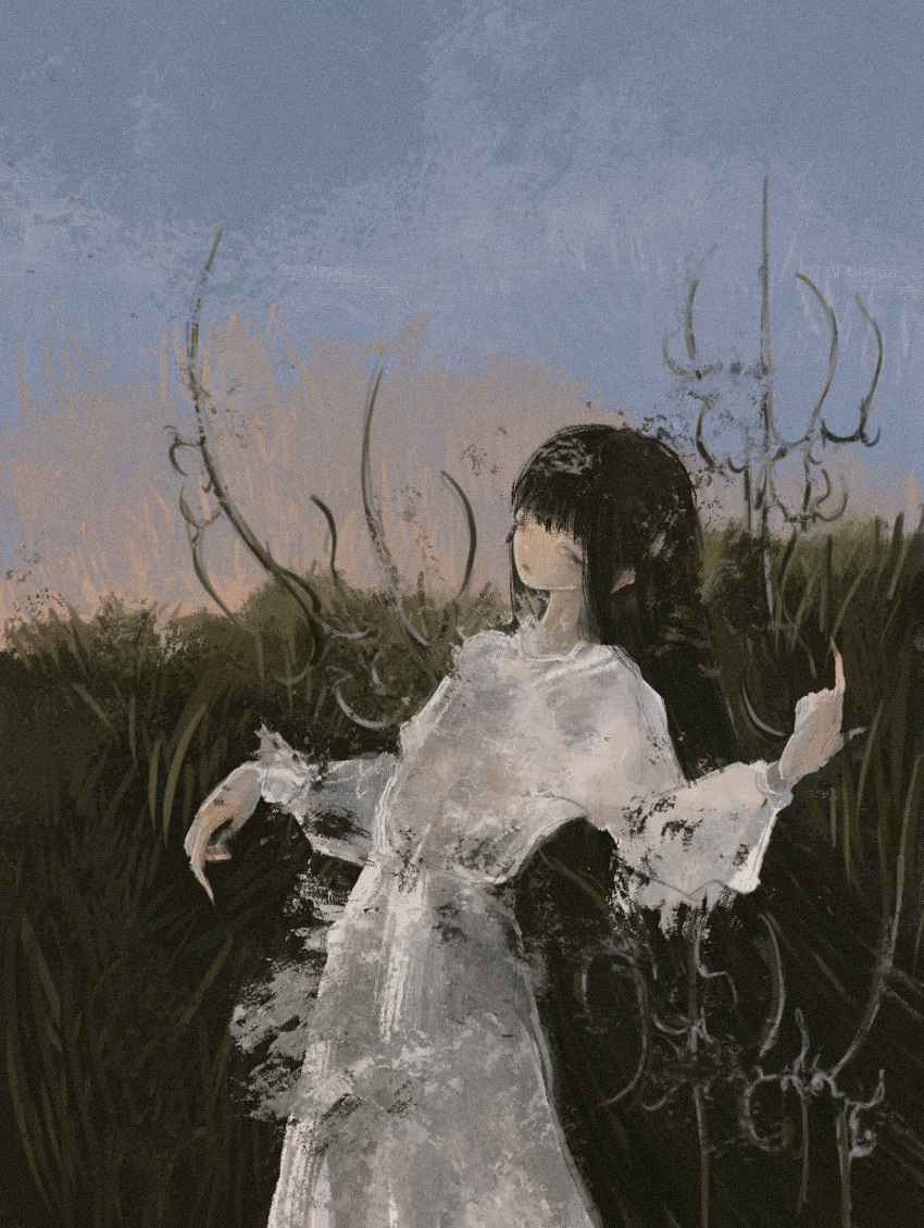 1girl abstract black_hair closed_eyes cowboy_shot dress felurya field glitch highres leaning_back long_hair long_sleeves muted_color original outdoors painterly pointing pointing_down pointing_up puffy_long_sleeves puffy_sleeves sidelocks sky solo white_dress