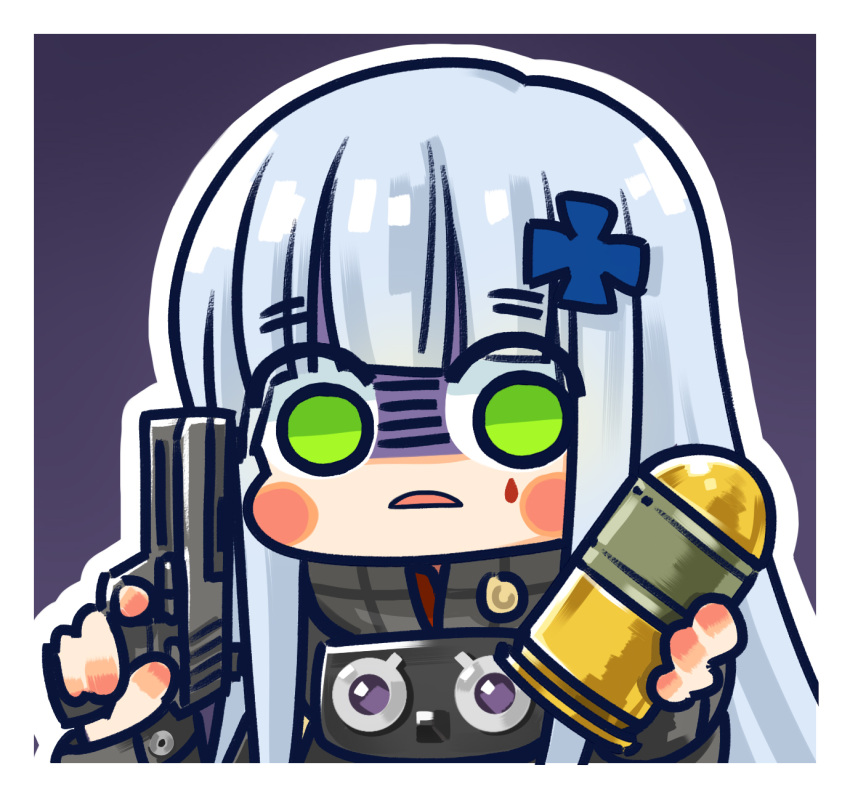 1girl black_jacket blunt_bangs blush_stickers chibi chinese_commentary commentary_request cross cross_hair_ornament explosive finger_on_trigger frown girls_frontline green_eyes grenade grey_hair gun hair_ornament hands_up highres hk416_(girls'_frontline) holding holding_grenade holding_gun holding_weapon iron_cross jacket long_hair looking_at_viewer official_art parted_lips purple_background shaded_face simple_background solo su_xiao_jei teardrop_facial_mark upper_body very_long_hair weapon