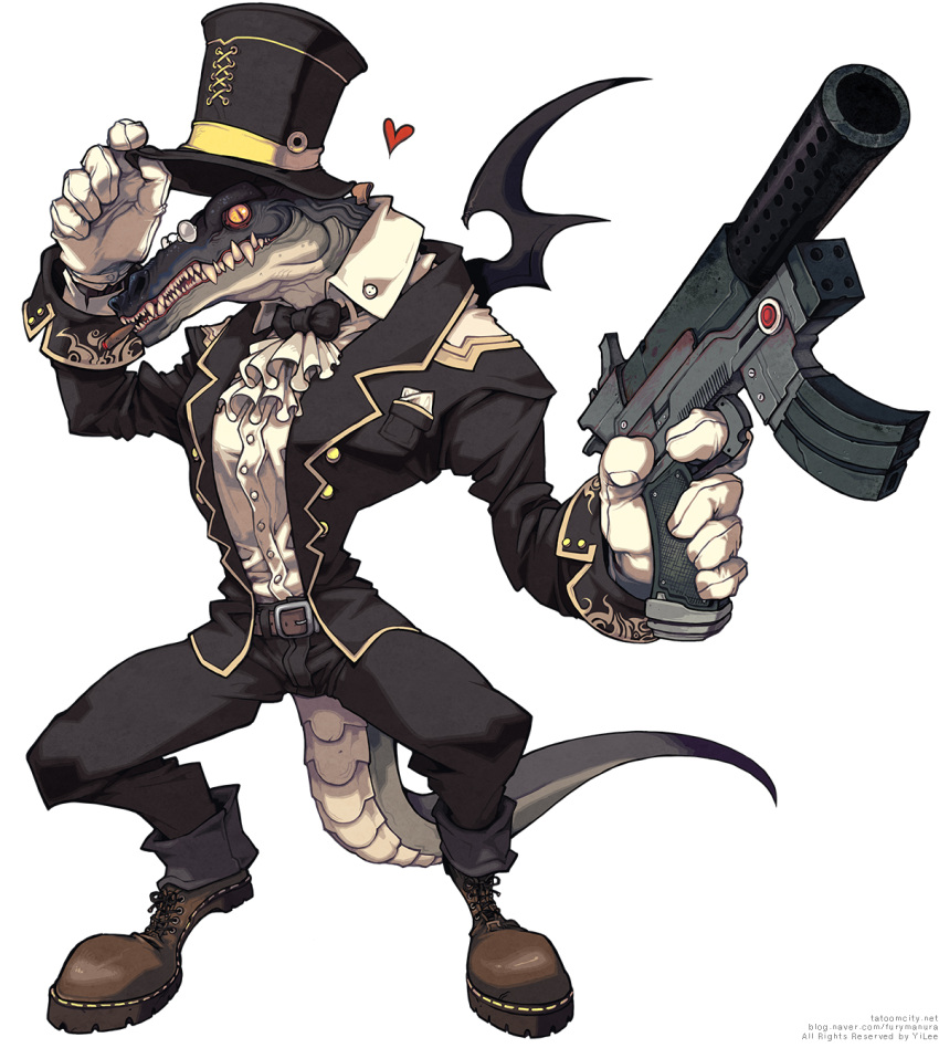 1boy beard character_request cigar commentary_request crocodile crocodile_boy crocodilian facial_hair full_beard furry furry_male glasses gloves gun hat hat_tip heart highres holding holding_gun holding_weapon large_hands monato_esprit no_humans official_art original photoshop_(medium) reptile_boy solo tail top_hat weapon yi_lee