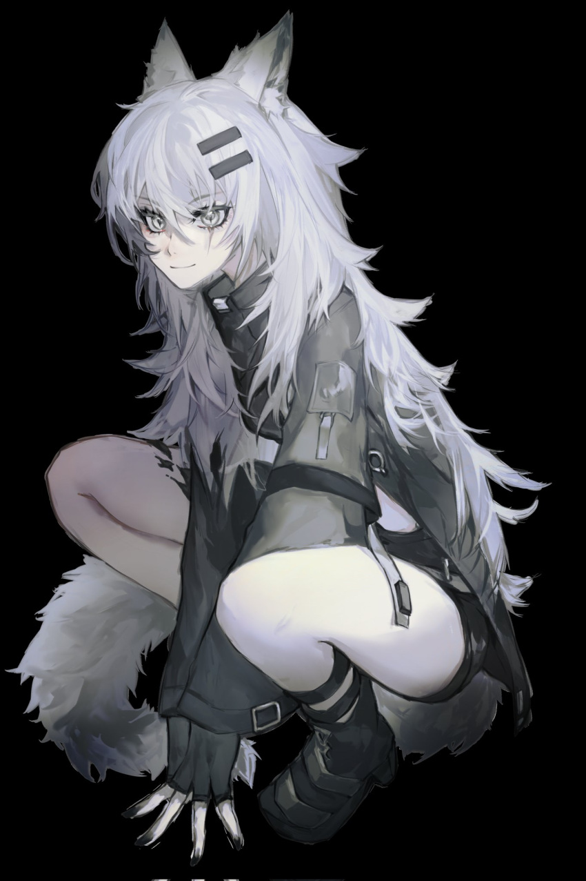 1girl animal_ear_fluff animal_ears arknights arm_support arms_between_legs bare_legs black_background black_coat black_footwear black_gloves black_nails black_shorts boots breasts closed_mouth coat commentary eyelashes fingerless_gloves fingernails from_side full_body gloves grey_eyes grey_hair grey_tail hair_between_eyes hair_flowing_over hair_ornament hairclip high_collar highres invisible_floor knees lappland_(arknights) layered_sleeves leaning leaning_forward legs_apart long_bangs long_hair long_sleeves looking_at_viewer looking_to_the_side medium_breasts messy_hair midriff_peek miun_wave nail_polish oripathy_lesion_(arknights) pale_skin scar scar_across_eye scar_on_face short_over_long_sleeves short_shorts short_sleeves shorts simple_background slit_pupils smile solo squatting symbol-only_commentary tail thighs v-shaped_eyebrows very_long_hair wide_sleeves wolf_ears wolf_girl wolf_tail