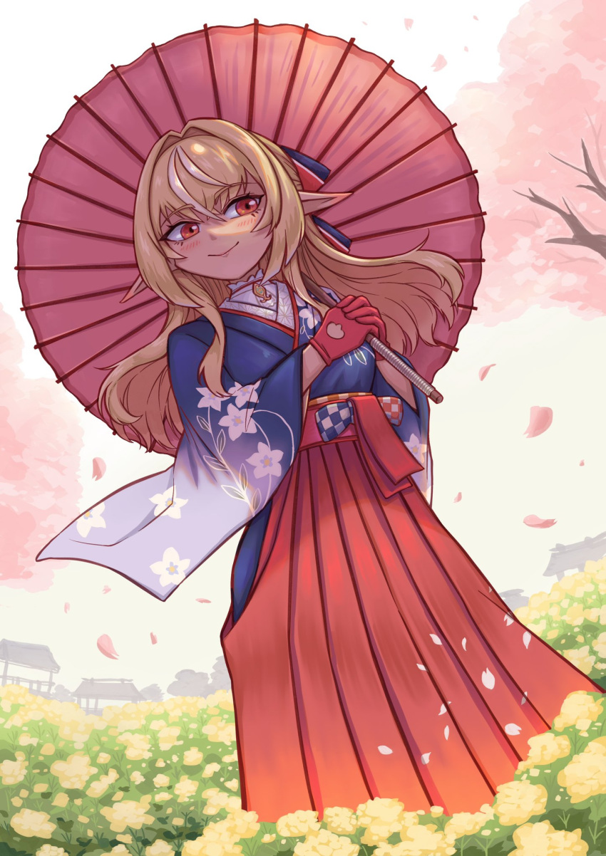 1girl architecture blonde_hair breasts butter_spoon cherry_blossoms commentary_request east_asian_architecture field floral_print flower flower_field gloves hakama highres holding holding_umbrella hololive japanese_clothes long_hair medium_breasts oil-paper_umbrella petals pointy_ears red_eyes red_gloves red_hakama shiranui_flare smile solo umbrella virtual_youtuber wide_sleeves