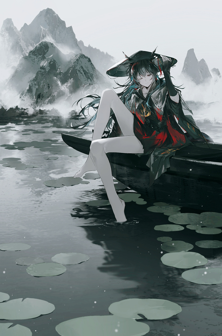 1girl ajirogasa arknights bare_legs barefoot black_cloak black_dress black_gloves black_hair black_headwear black_horns blue_hair blue_tail blurry blurry_background boat ch'en_(arknights) ch'en_the_holungday_(arknights) ch'en_the_holungday_(ten_thousand_mountains)_(arknights) cheonyeon-hi clear_sky cloak closed_mouth collarbone colored_inner_hair colored_skin day depth_of_field dragon_girl dragon_horns dragon_tail dress expressionless eyelashes feet fingerless_gloves floating_hair fog from_side full_body gloves grey_sky hair_between_eyes hair_flowing_over hand_on_headwear hand_up hat highres horns knees lake leg_up legs lily_pad long_hair looking_down mountain mountainous_horizon multicolored_hair official_alternate_costume one_eye_closed outdoors pleated_dress reflection reflective_water scales short_dress sitting sky soaking_feet solo tail toes turning_head two-tone_hair very_long_hair water watercraft white_skin